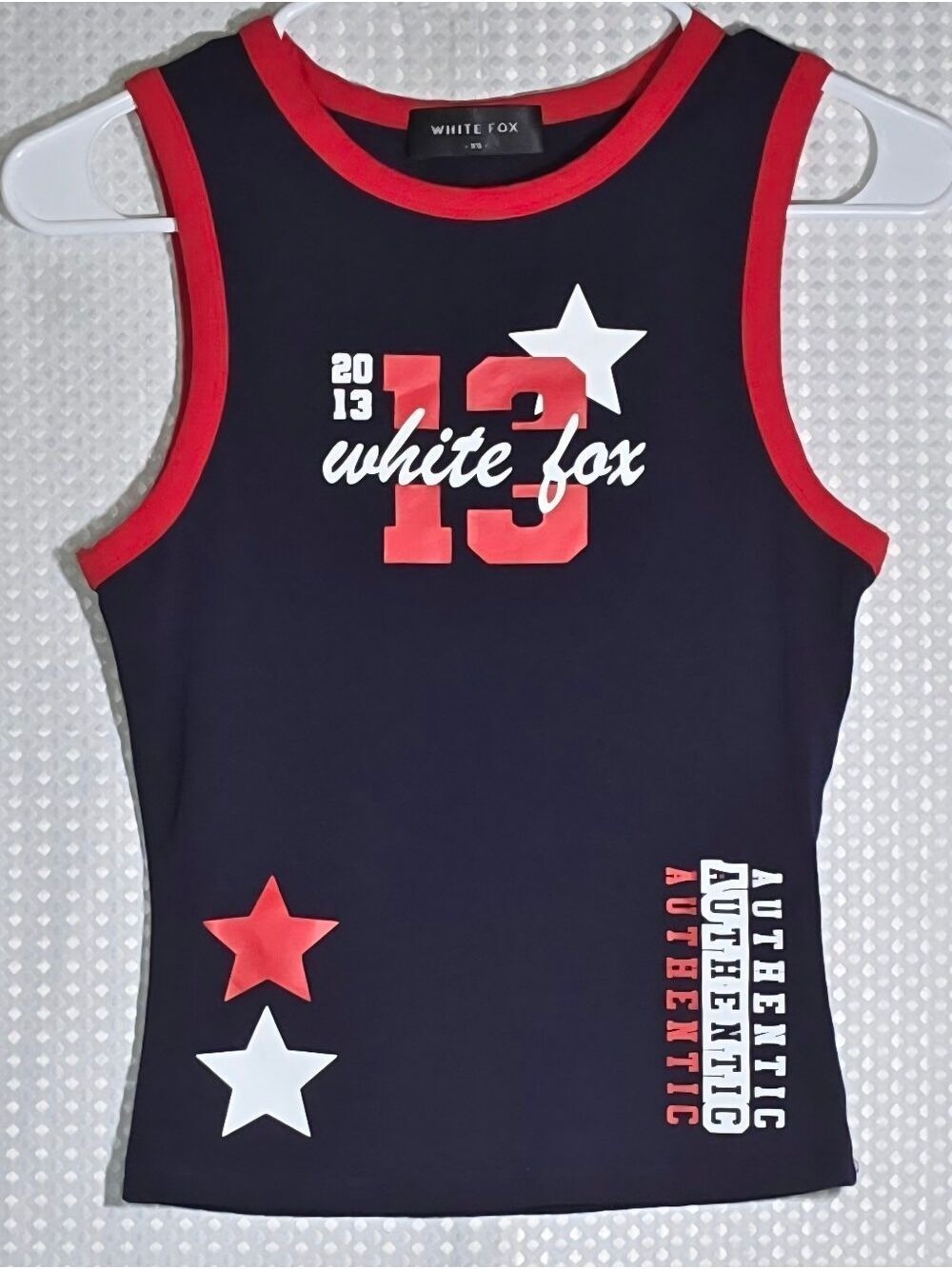 White Fox Y2K Graphic Tank Top Navy Red Baby Tee Fitted Racerback Size XS - Picture 2 of 10